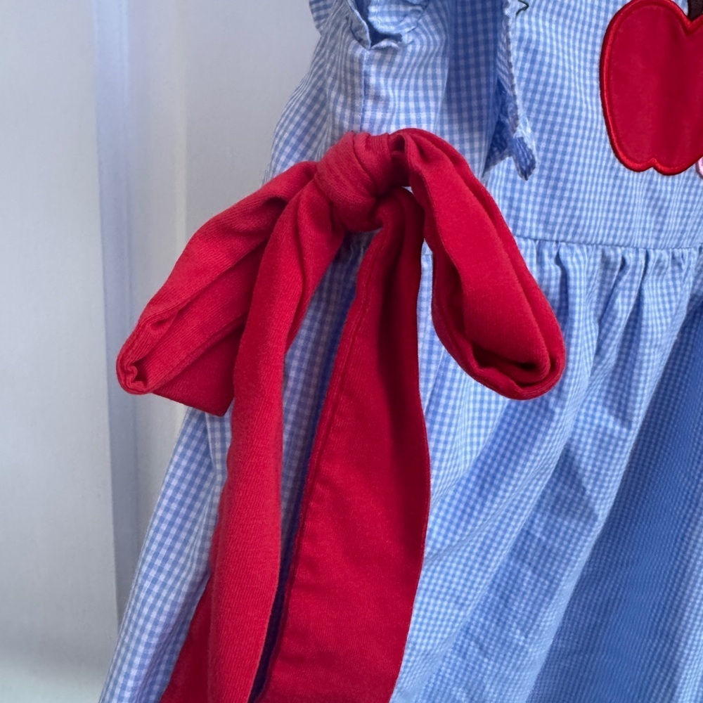 NWOT Stitchy Fish 4T Girls Blue Gingham Back to School Apple Short Sleeve Dress - Picture 6 of 9